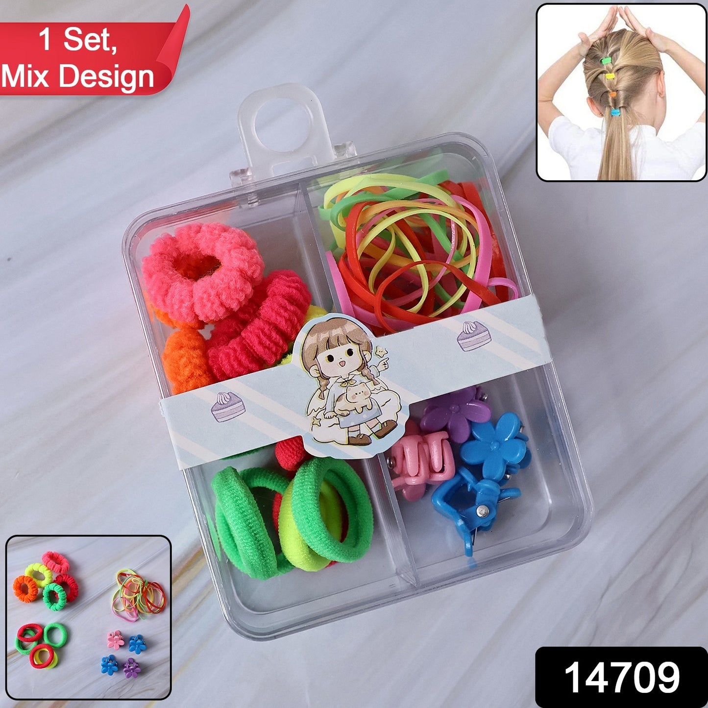 Kids Hair Bands Rubber Bands  Cute Hair Clips In Storage Box (Mix Design  1 Set)